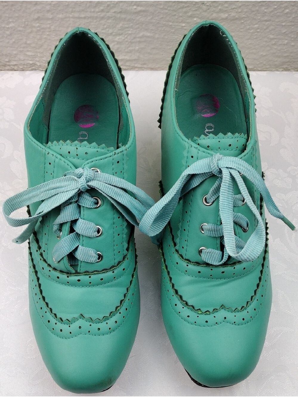 Machi Coca-01 Teal Leather Lace Up Scalloped Upper Heeled 1930 Style Oxford Shoe - Picture 3 of 16